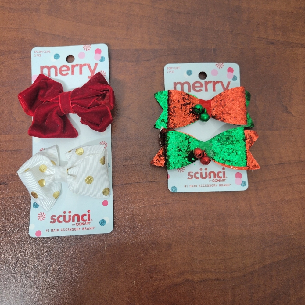 Scunci Festive Hair Bow Clips in Red, White, And Green Set Of 2 Nwt